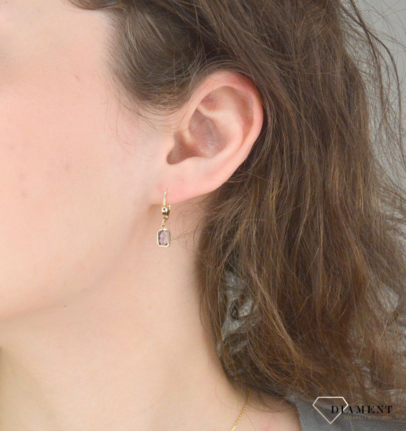 Kolczyki złote wiszące fioletowe kryształki próba 375, KL 12402 375.jpg